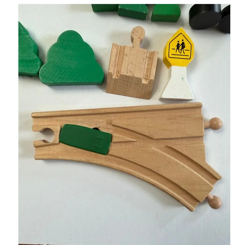Assortment of Wooden Train  Accessories Track Signs Trees Green Brown